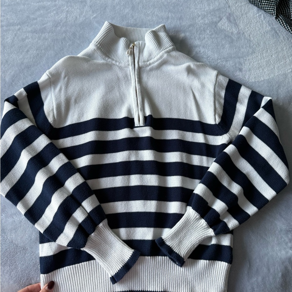 J.Crew Factory Striped Black and White Women's Sweater with Pearl Zipper - Picture 7 of 9